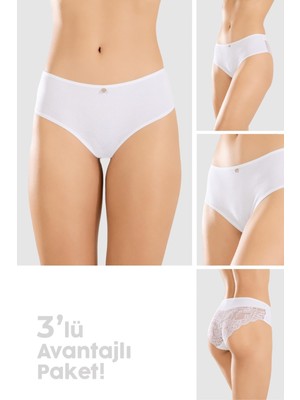 Baykar Kadın Pamuklu Likralı Arkası Dantelli Slip Külot 3lü Paket 8432 Beyaz