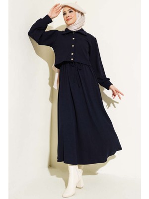 Tesettür Diyarı Beli Büzgülü Fitilli Jile Ceket Triko Takım- Lacivert