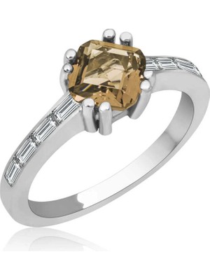 Bazarhane Gümüş Kahverengi Baget Tek Taş Kadın Yüzük