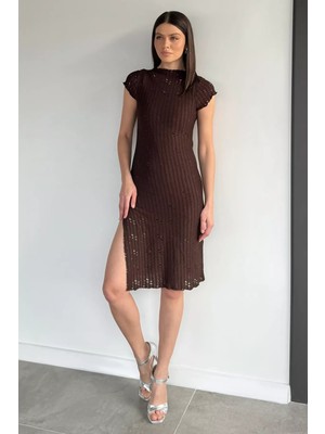 Gülseli Kadın Astarsız Ajurlu Yırtmaç Detaylı Likralı Elbise P-00020398