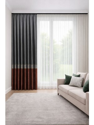 Perde Merkezi Istanbul Gri Kiremit Pano Fon Perde Salon ve Misafir Odalarına Uygun 1/3 Sık Pileli Tek Kanat Lüks Modern Fon Perde