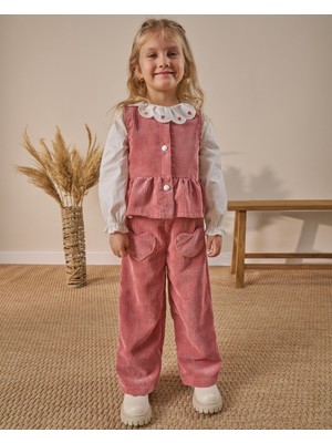 Noble Kids Pudra Kalp Cep Detaylı Fitilli Kadife 3’lü Bayramlık Kız Çocuk Alt Üst Takım - 4-8 Yaş