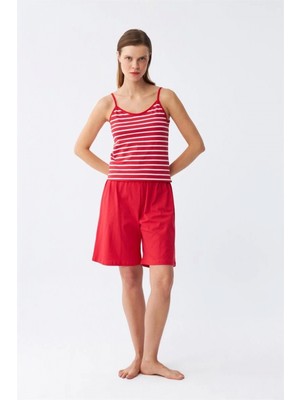 Narnuga Miray- Kadın Ip Askılı Pamuk Penye Şortlu Takım Kırmızı