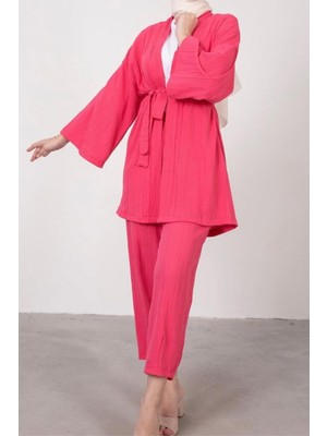 Tesettür Diyarı Gölge Kumaş Kuşaklı Kimono Tesettür Takım- Pembe