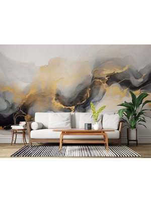 Grown Sarı Siyah Dalgalı Beyaz Mermer Desenli Duvar Kağıdı - Mutfak ve Banyo