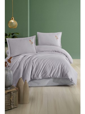 Clasy Panna Gri Çift Kişilik %100 Pamuk Çizgili Nevresim Takımı