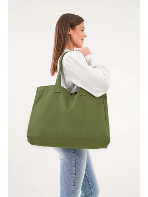 Bagg 3 Çıtlı Yağ Yeşili Büyük Boy Kanvas Çanta