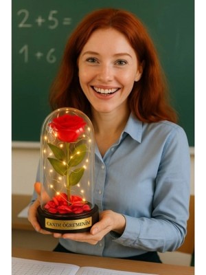 Marsilyan Canım Öğretmenim Temalı Öğretmene Hediye Led Işıklı Mika Fanus Kırmızı Yapma Solmayan Gül