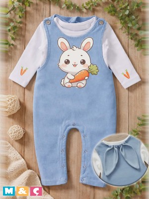 M.Ç Family Store Tavşan Kulaklı Bebek Kot Salopet 2li Takım Bunny Denim Overall Set