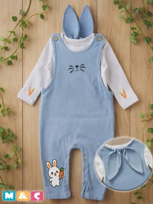 M.Ç Family Store Tavşan Kulaklı Bebek Kot Salopet 2li Takım Bunny Denim Overall Set