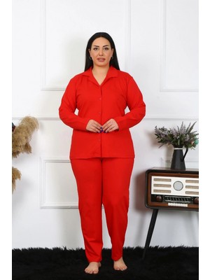 Narnuga Miray- Kadın Büyük Beden Pamuklu Cepli Düğmeli Kırmızı Pijama Takım