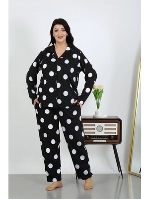 Narnuga Miray- Kadın Büyük Beden Pamuklu Cepli Düğmeli Siyah Pijama Takım