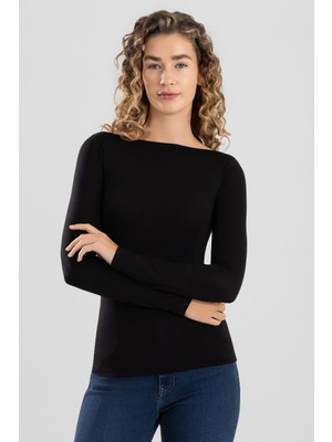 Baykar Kadın Modal Likralı Kayık Yaka Uzun Kollu Body 6318 Siyah