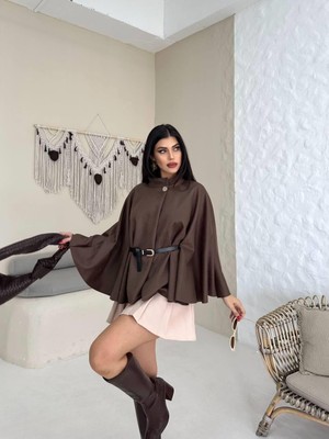 Ribana Classic Kadın Gold Düğme Detaylı Kemerli Trend Kısa Süet Panço 4837