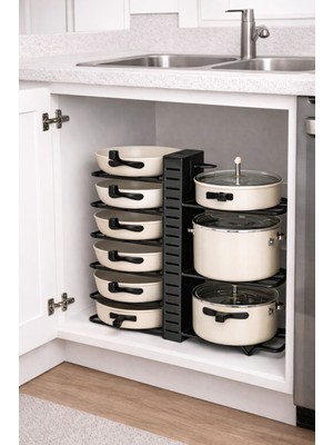 Alsi Home 8 Katlı Mutfak Depolama Rafı - Korozyona Dayanıklı Metal, Kompakt Dolap Altı Tencere Tava Organizer