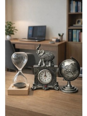 Marsilyan 3’lü Masa Üstü Seti – Gri Fil Figürlü Saat, Manyetik Kum Saati ve Gri Dünya Küresi - Premium Hediye