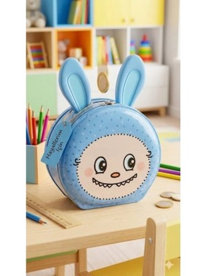 Marsilyan 1 Adet Sevimli Labubu Figürlü Kilitli Metal Kumbara - Çocuklar İçin Para Biriktirme Kutusu Mavi