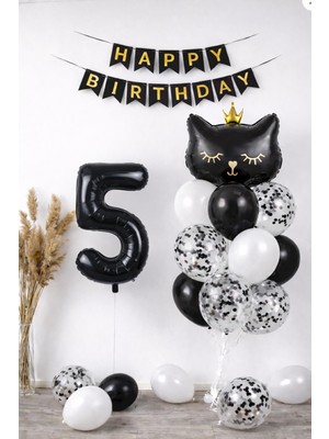 Patladı Gitti 5 Yaş Kedi Temalı Doğum Günü Balon Seti – Siyah Konsept