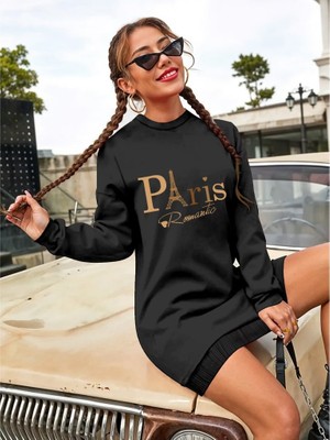 Etiler Collection Kadın Uzun Kollu Bisiklet Yaka Yazılı Kısa Viskon Iki Iplik Elbise