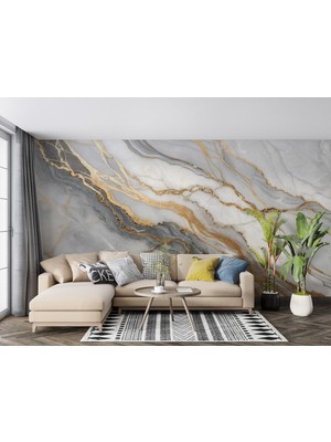 Grown Altın Çizgili Beyaz Mermer Desenli Duvar Kağıdı - Mutfak ve Banyo