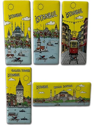 Arda Hediyelik Eşya Istanbul Temalı 5'li Metal Magnet Seti – 5X12 cm – Retro Illüstrasyon Serisi