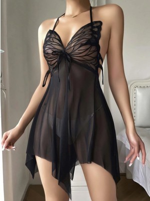 Kiviva Miraxx Siyah Transparan Kelebek Detaylı Tül Fantezi Gecelik 2243