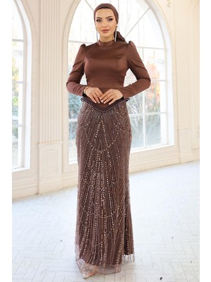 Olcay Inci Detaylı Saten ve Tül Kombinli Exclusive Tesettür Abiye Elbise Kahve 1060