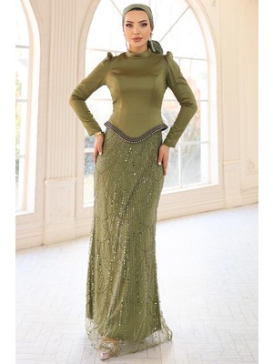 Olcay Inci Detaylı Saten ve Tül Kombinli Exclusive Tesettür Abiye Elbise Haki 1060