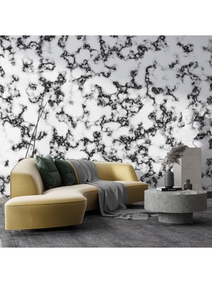 Grown Siyah Desenli Beyaz Mermer Görünümlü Duvar Kağıdı - Mutfak ve Banyo