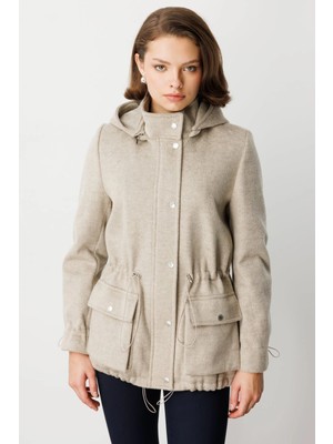 Ekol Kadın Beli Lastikli Kapüşonlu Vizon Manto 06041