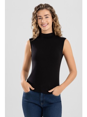 Baykar Kadın Modal Likralı Yarım Balıkçı Yaka Sıfır Kol Body 6316 Siyah