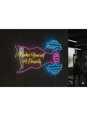 Neonled "make Yourself A Priority" (Kendine Öncelik Ver) Sporcu Dambıl Figür Neon LED Dekoratif Aydınlatma