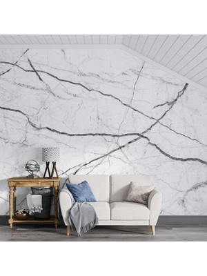 Grown Siyah Çizgili Beyaz Mermer Desenli Duvar Kağıdı - Mutfak ve Banyo