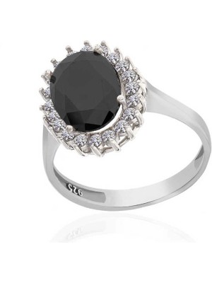 Bazarhane Gümüş Siyah Taşlı Oval Kadın Yüzük