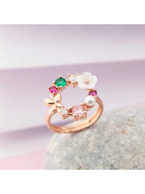 Bazarhane Gümüş Ayarlanabilir Rose Manolya Çiçeği Kadın Yüzük