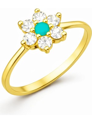 Bazarhane Gümüş Mavi Taşlı Gold Çiçek Kadın Yüzük