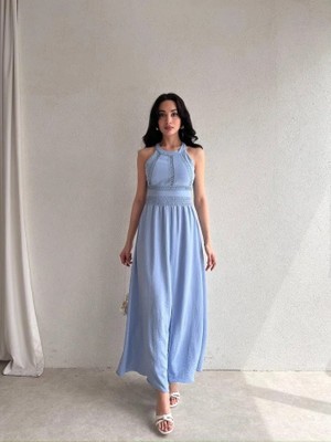 Etiler Collection Kadın Krinkil Kumaş Beli Gipeli Halter Yaka Maxi Boy Elbise