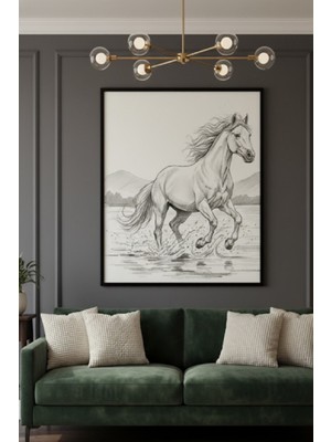 Safir Design Lüks Siyah ve Beyaz Koşan At Duvar Sanatı | Modern Minimalist Çerçeveli Tablo