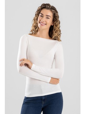 Baykar Kadın Modal Likralı Kayık Yaka Uzun Kollu Body 6318 Krem