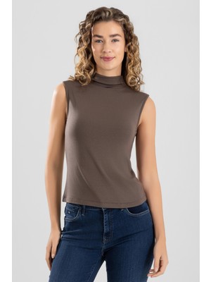 Baykar Kadın Modal Likralı Yarım Balıkçı Yaka Sıfır Kol Body 6316 Kahve