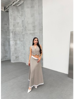 Etiler Collection Gi̇o Çi̇zgi̇li̇ Garni̇li̇ Mi̇di̇ Etek Yelek Takim