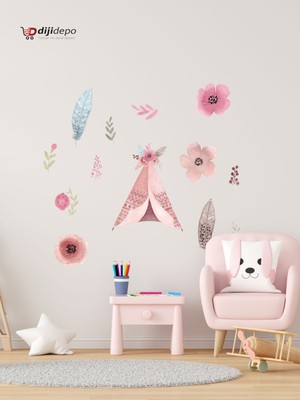 Dijidepo Kızılderili Çadırı ve Çiçekler Duvar Sticker Seti - Boho Pembe Çiçekli Bebek Odası Duvar Çıkartması
