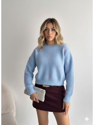 Ribana Classic Kadın Uzun Kollu Pembe Kalp Detaylı Standart Beden Triko Yumoş Kazak 4603