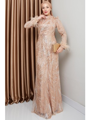 Olcay Kolu Tüy Detaylı Boncuk ve Pul Işlemeli Exclusive Tesettür Abiye Elbise Gold 1000-M