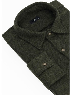 Tudors Erkek Big Size Büyük Beden Oduncu Tek Cepli Kareli Haki Kışlık Gömlek