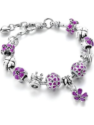 Kumi Avusturya Kristali Çiçek Figürlü Charmlı Gümüş Kadın Bileklik 20 Cm-mor