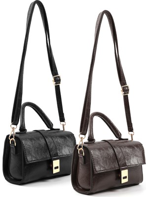 SHAKA Kırışık Dokulu Siyah/kırışık Dokulu Kahverengi SHK308 Set Suni Deri,çıtçıtlı 2'li El, Kol ve Omuz Çantası