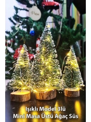 Marsilyan 3’lü Mini Masa Üstü Yılbaşı Ağacı Seti (15 cm – 10 cm – 8 Cm) | Dekoratif LED Işıklı Çam Ağaçları