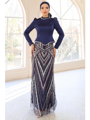Olcay Taş Detaylı Payet ve Saten Kombinli Exclusive Tesettür Abiye Elbise Lacivert 1061