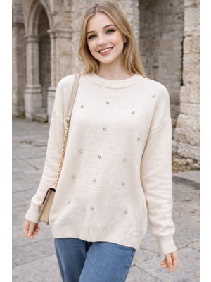 Moda Kadın Taş Detaylı Triko Kazak – Bordo Lacivert Gri Krem Günlük Kazak